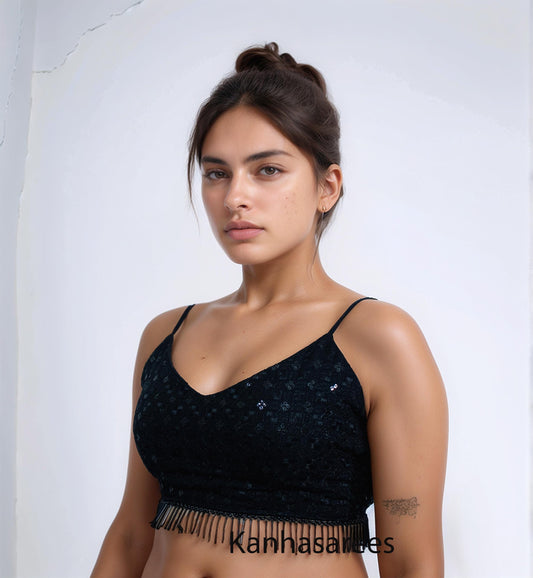 Customised Sequin Blouse | Glamorous Sparkly Party Top | Black Spaghetti Strap Sari Blouse, Embellished, Unique Design - Kanhasarees by ksds