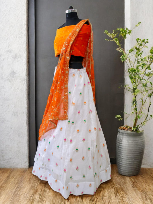 White and Orange Lehenga Choli Set – Custom Size Indian Wedding Outfit – Haldi & Mehendi Wear - Kanhasarees by ksds