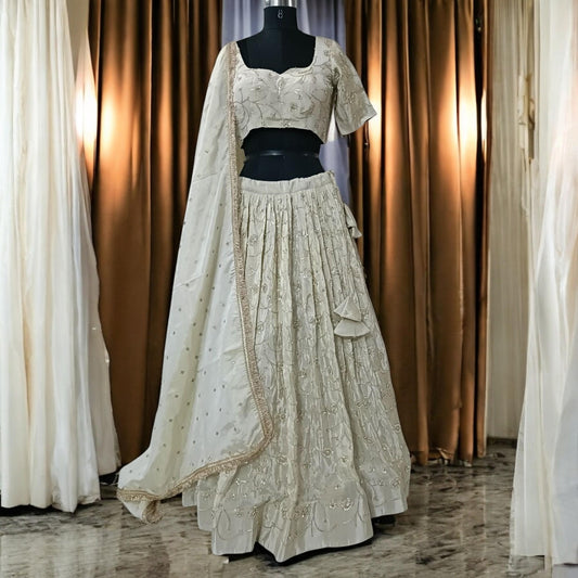 Off‑White Tissue Silk Bridal Lehenga Set – Beaded Zari Sequins Indian Wedding Outfit