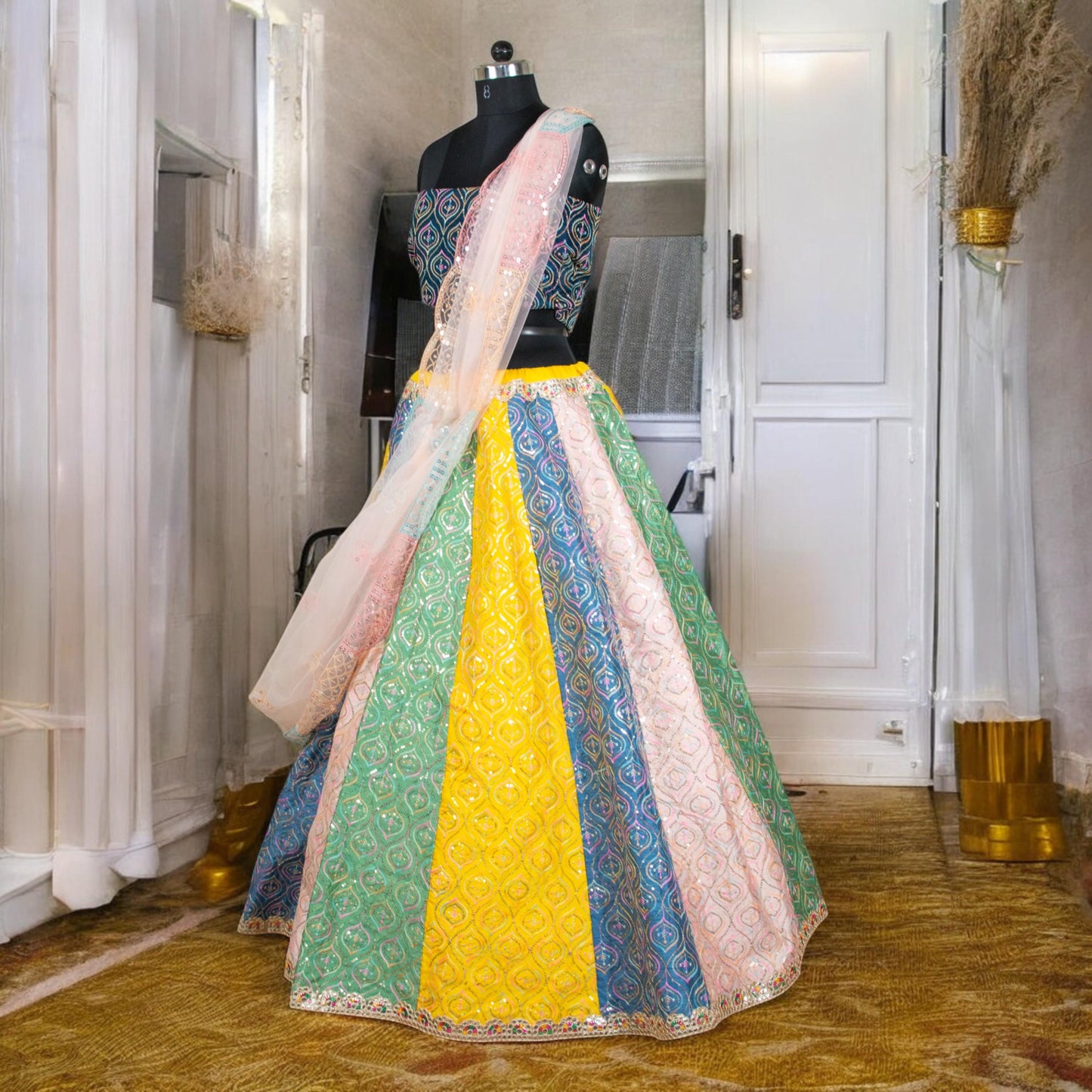 Multi-Color Silk Lehenga Choli Set with Dupatta – Traditional Indian Outfit