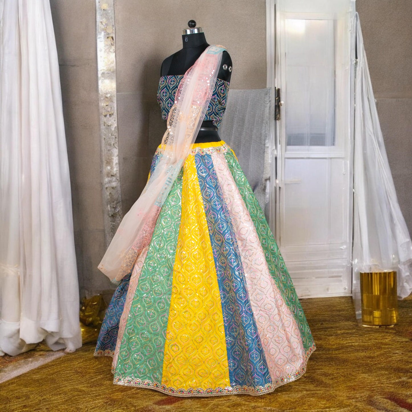 Multi-Color Silk Lehenga Choli Set with Dupatta – Traditional Indian Outfit