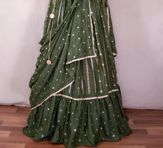 Olive Green Mirror Work Lehenga with Sequin - Kanhasarees by ksds