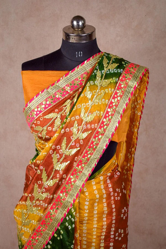 Taffeta Silk Bandhani Saree with Gota Work - Kanhasarees by ksds