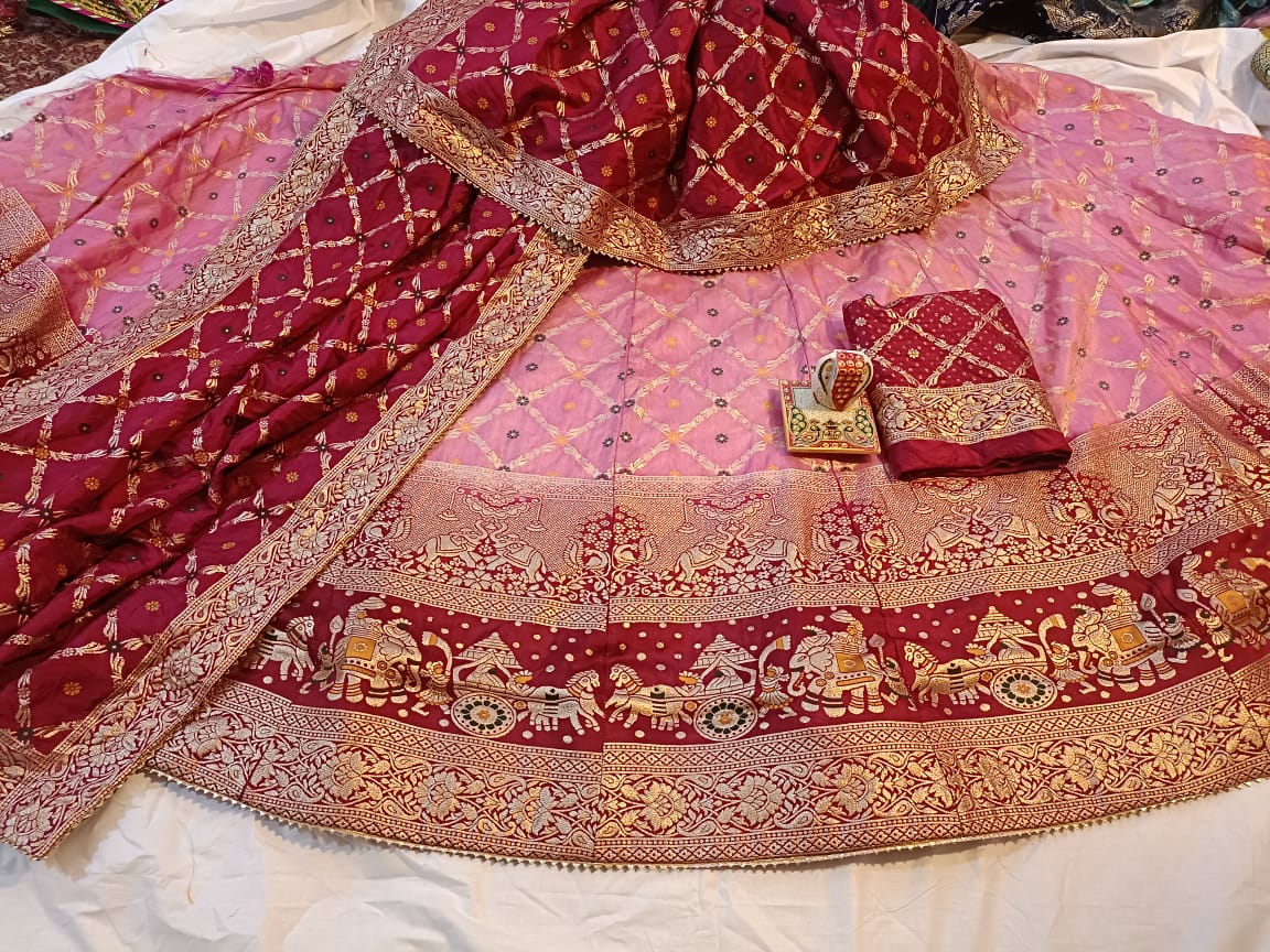 Elegant Banarasi Dola Silk Lehenga with Zari Work - Designer Wedding & Festival wear - KANHASAREE