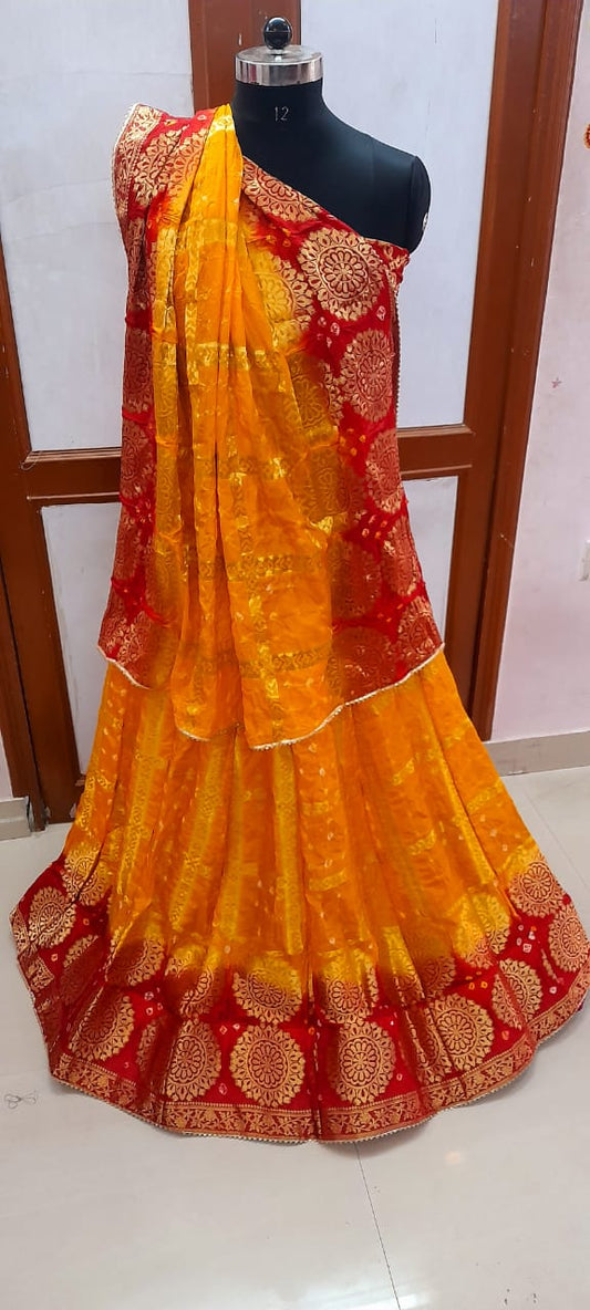 Rajasthani Bandhej Ghatchola Lehenga with Silk Dupatta - Zari Checks, Unstitched Blouse