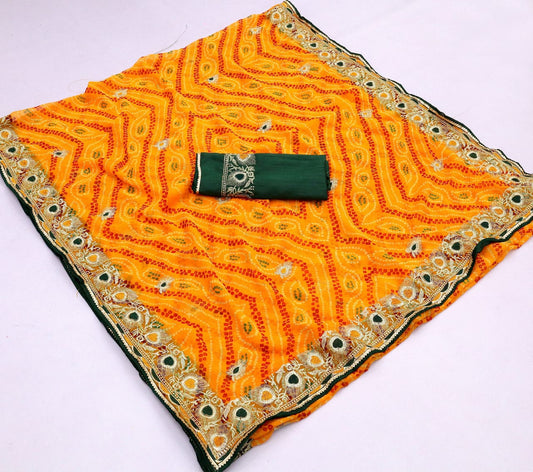 Jaipuri Bandhani Georgette Saree with Embroidery Work for Wedding Guests