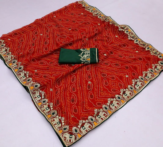 Embroidered Bandhani Saree Georgette Saree for Festive Elegance