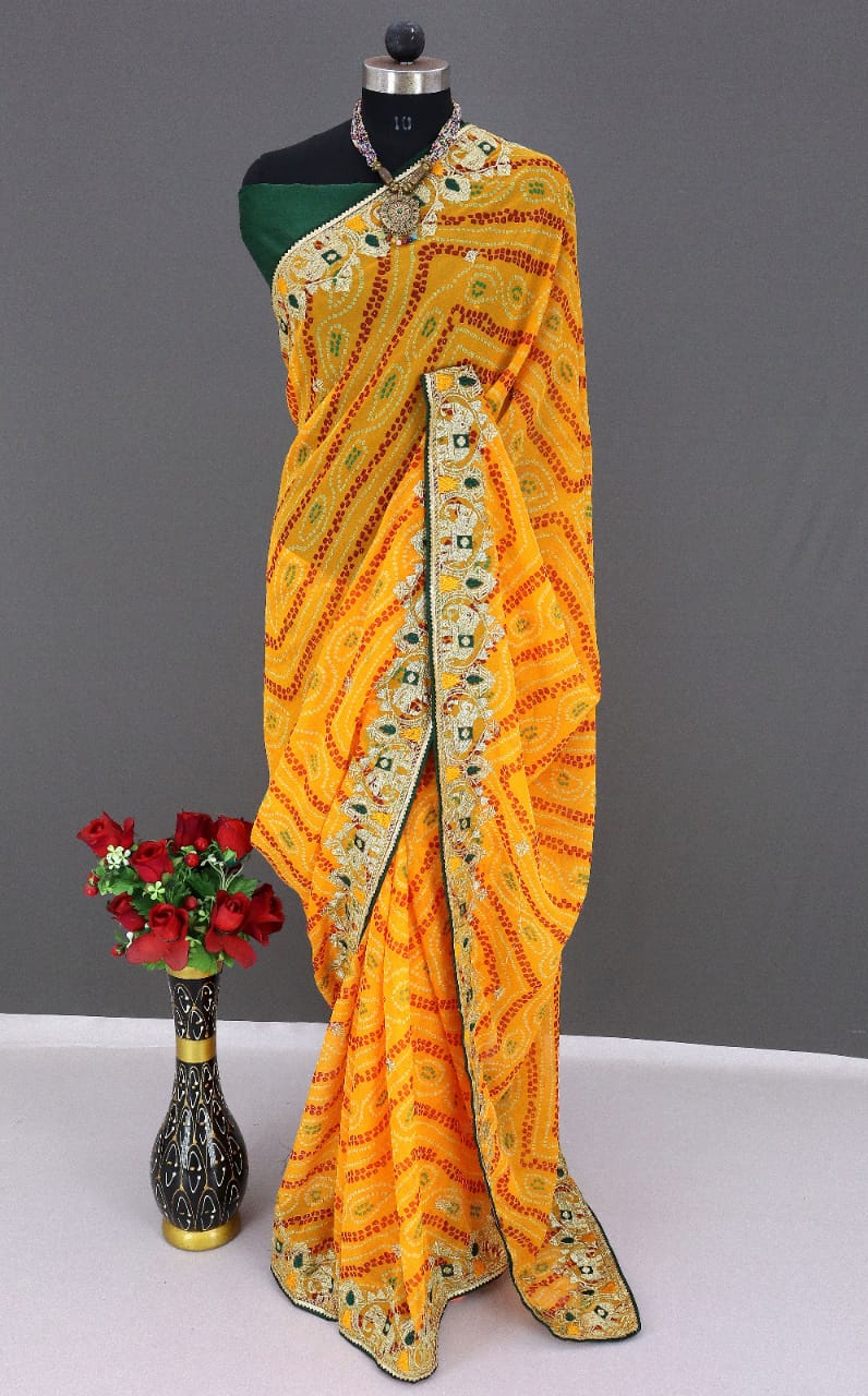 Embroidered Bandhani Saree Georgette Saree for Festive Elegance