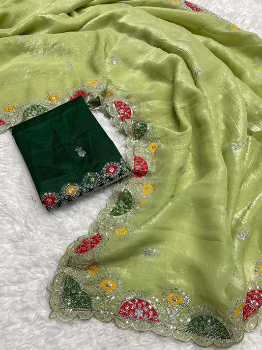 Soft Crunchy Jimmy Choo Fabric Saree with Sequin Multi-Thread Work & Cut Work - Kanhasarees by ksds
