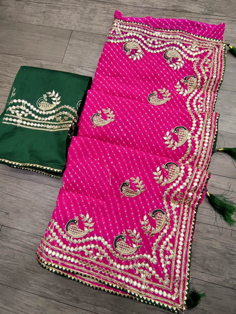 Leheriya mothra saree with peacock gotapatti work - KANHASAREE