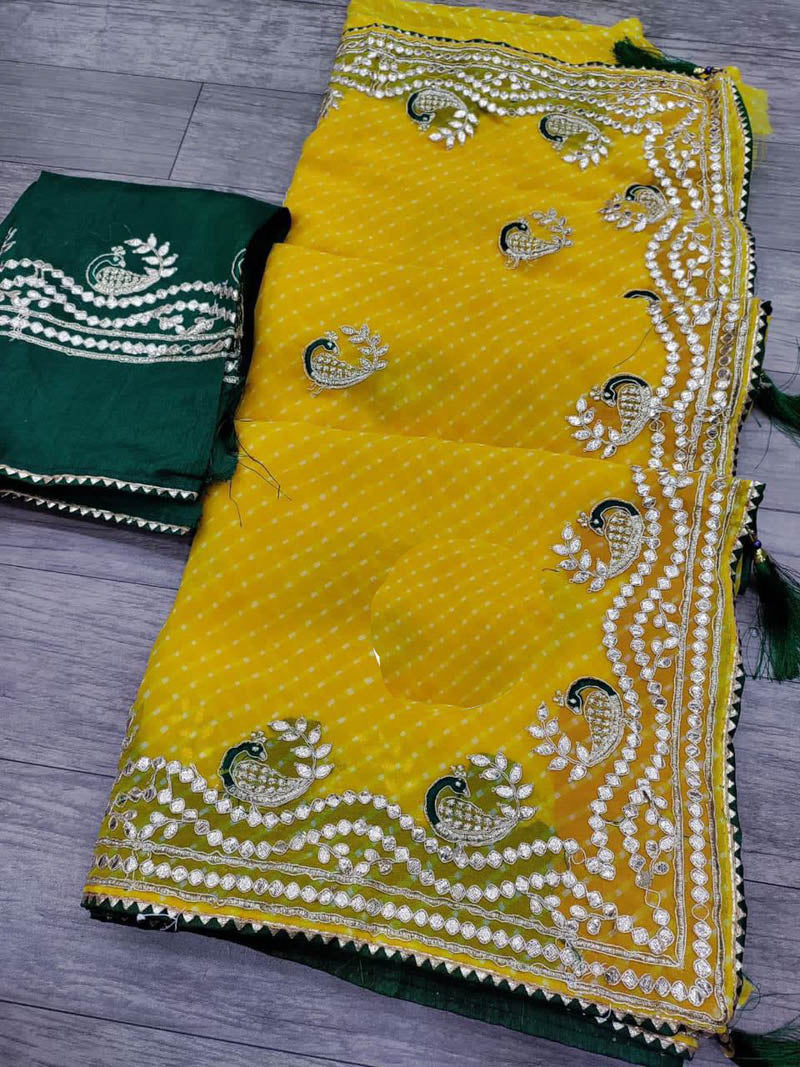 Leheriya mothra saree with peacock gotapatti work - KANHASAREE