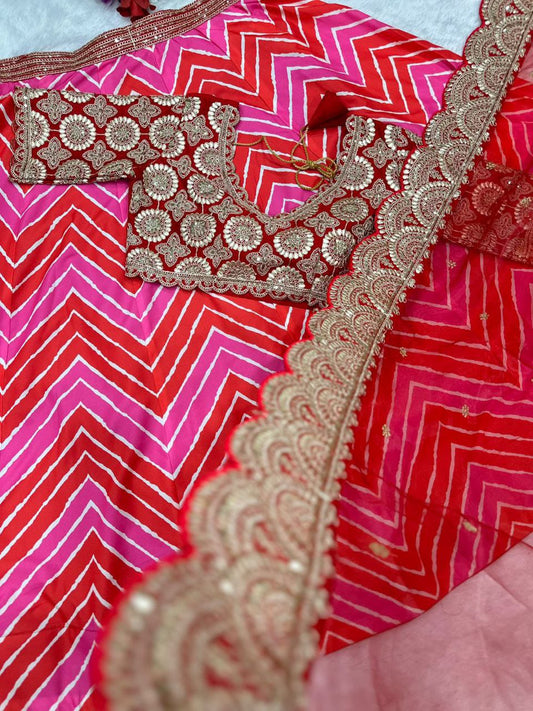 Embroidery Work Leheriya Lehenga Choli - Maslin Silk with Digital Print and Heavy Embroidery - Kanhasarees by ksds