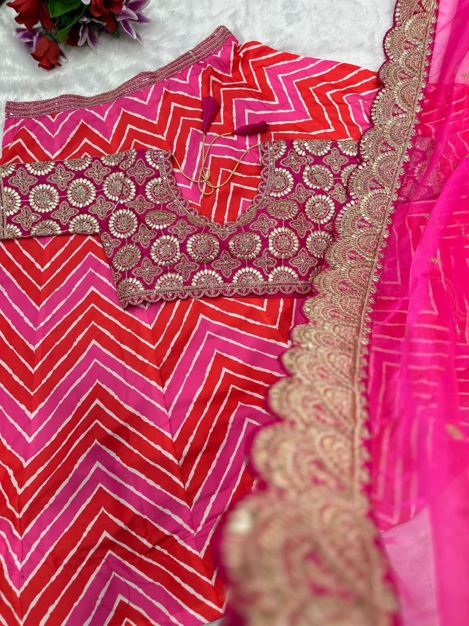 Embroidery Work Leheriya Lehenga Choli - Maslin Silk with Digital Print and Heavy Embroidery - KANHASAREE