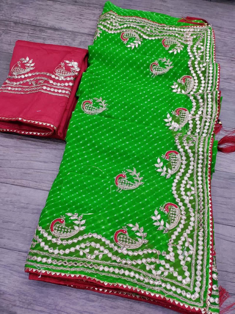 Leheriya mothra saree with peacock gotapatti work - KANHASAREE