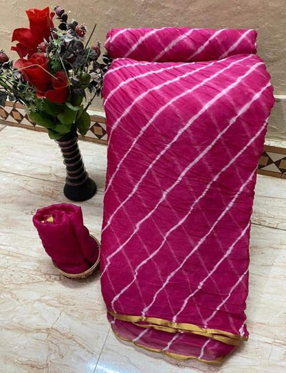 Nazneen Chiffon Leheriya Saree with Blouse - Jaipuri Hand-Dye, Unstitched, Soft Thin Material