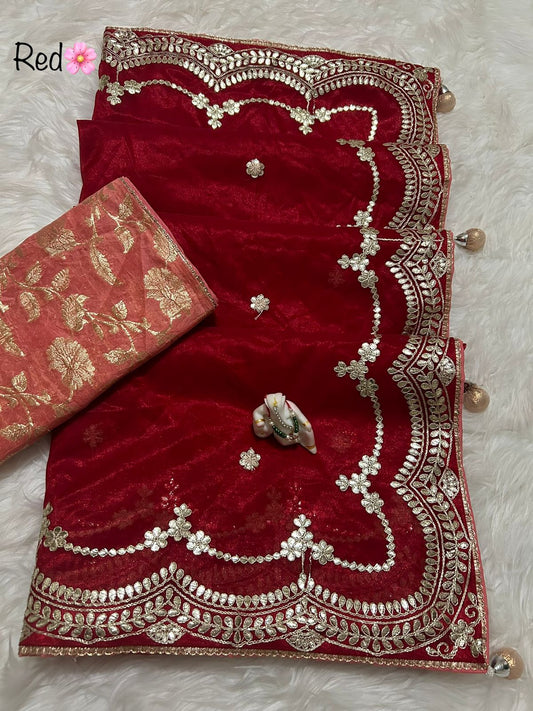 Organza Saree with Gota Work Border & Butti Design - Contrast Blouse Included