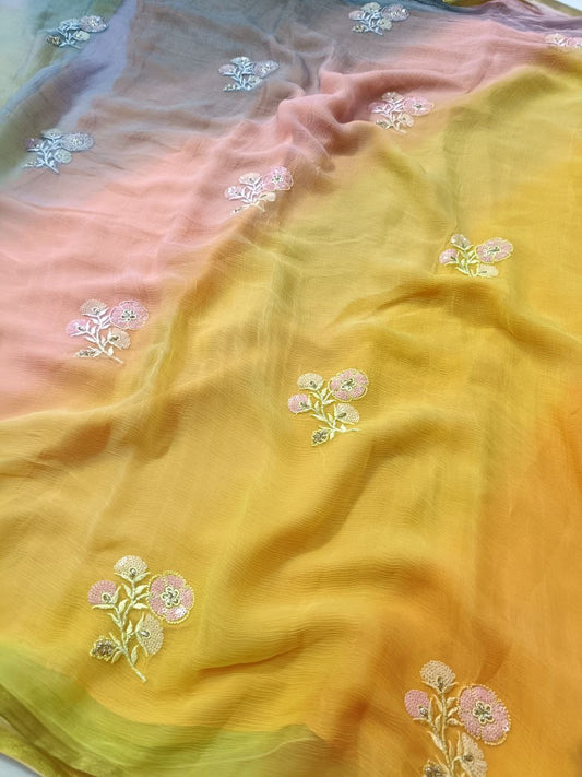 Pure Chiffon Multi-Dye Saree with Thread & Sequin Butties – Lightweight Summer Special Saree - Kanhasarees by ksds