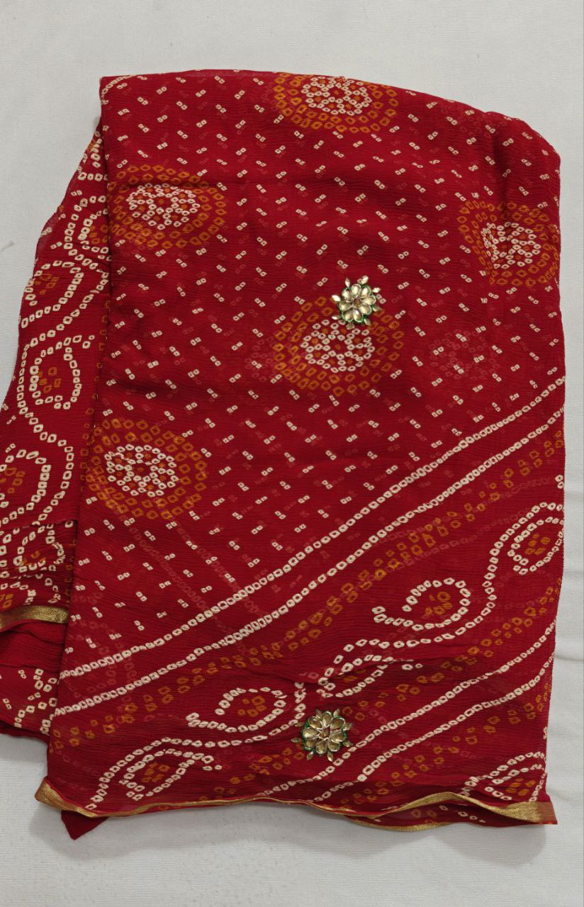 Pure chiffon Bandhani saree with kundan work