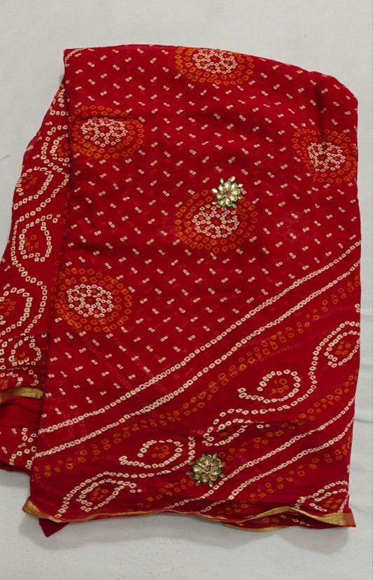 Pure chiffon Bandhani saree with kundan work