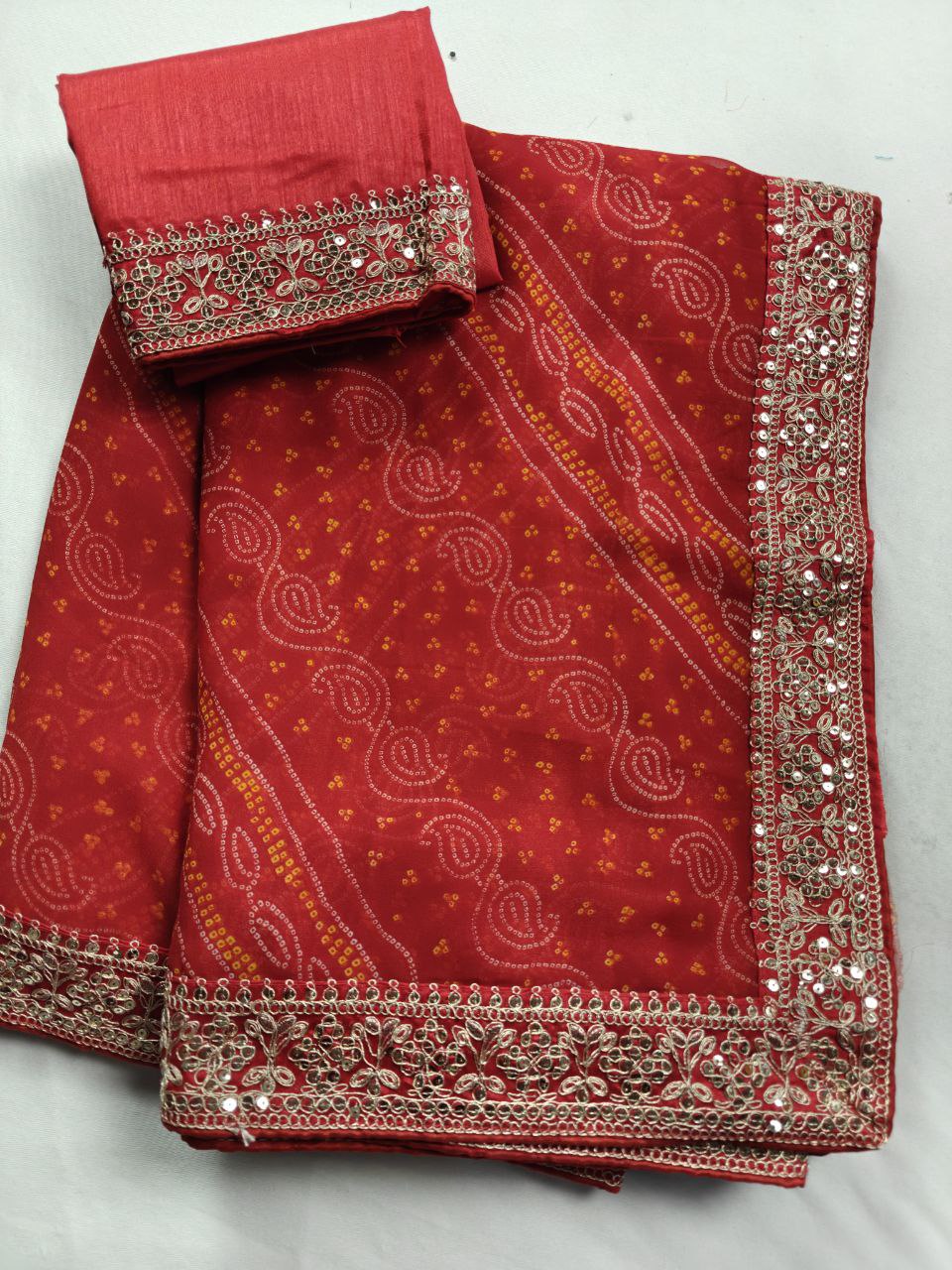 KSDS Red Bandhej Saree with Sequin Border | Banglori Silk Blouse