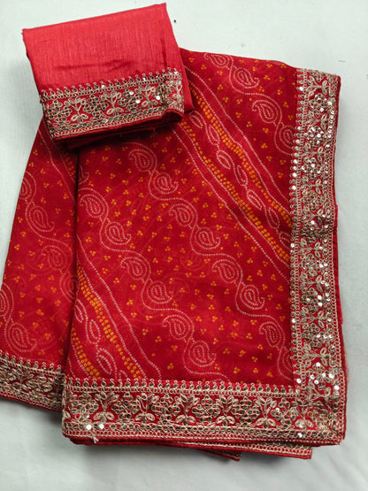 KSDS Red Bandhej Saree with Sequin Border | Banglori Silk Blouse