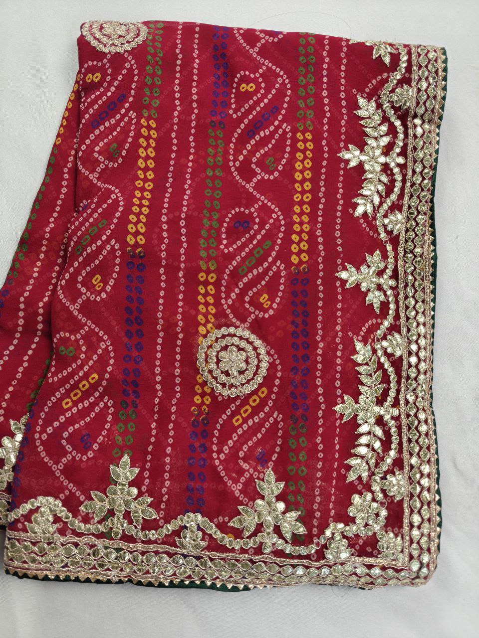 KSDS Georgette Bandhani Gotapatti Saree with Red Running Blouse