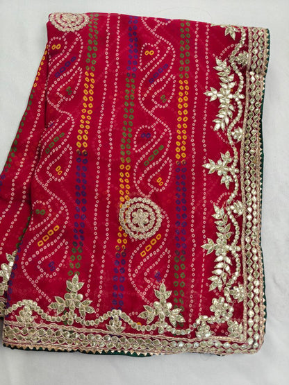 KSDS Georgette Bandhani Gotapatti Saree with Red Running Blouse
