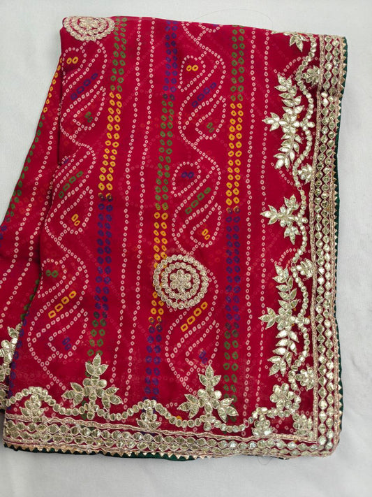 KSDS Georgette Bandhani Gotapatti Saree with Red Running Blouse