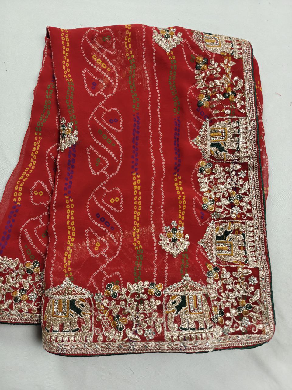 KSDS Georgette Bandhani Elephant Work Saree Front View