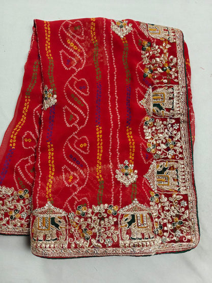 KSDS Georgette Bandhani Elephant Work Saree Front View