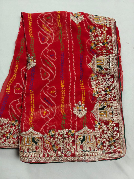 KSDS Georgette Bandhani Elephant Work Saree Front View