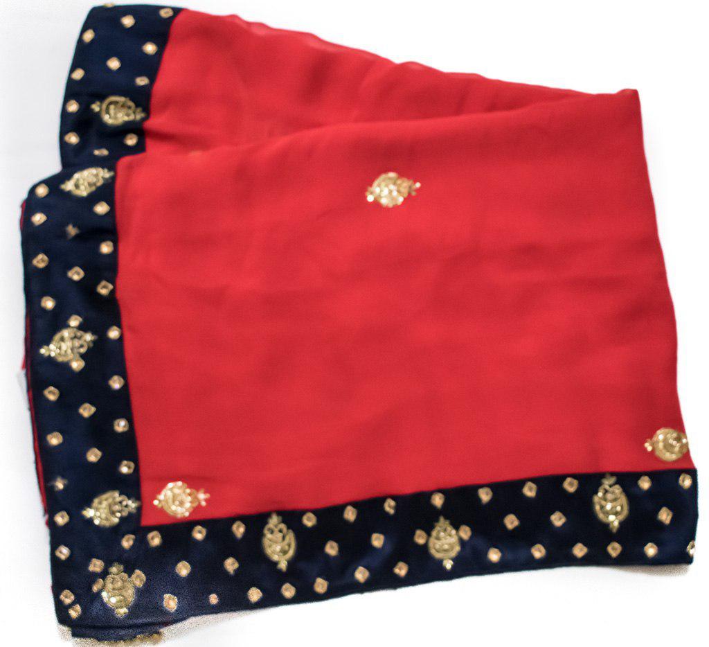 Red Saree with Blue color kundan work Border - KANHASAREE