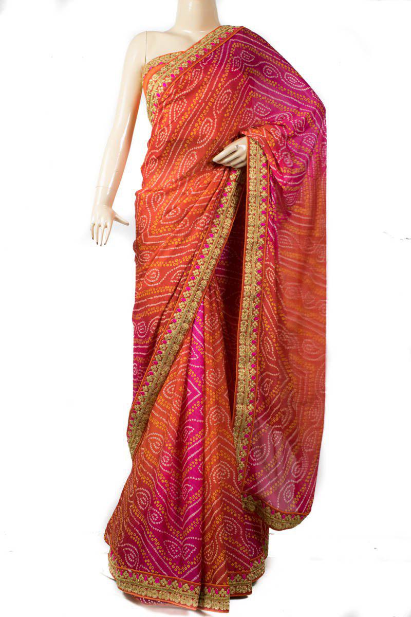 Pink  Red Crepe Bandhani Saree - KANHASAREE