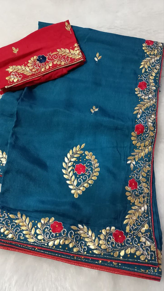 Pure Upada Dola Silk Saree with Gota Patti Handwork and Red Contrast Blouse