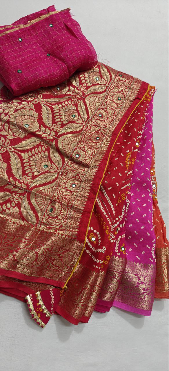 Traditional Rajasthani multicolour bandhej saree with detailed gota patti work