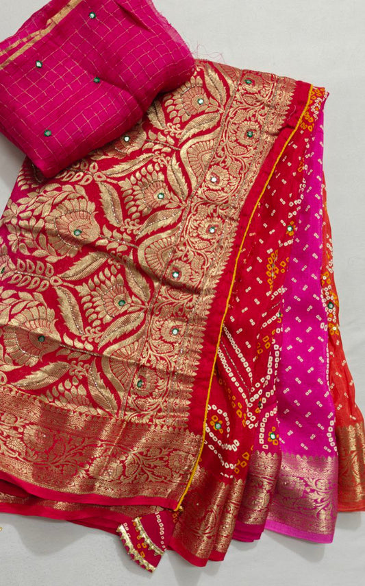 Multicolour Bandhani print saree with gotapatti handwork in pure georgette