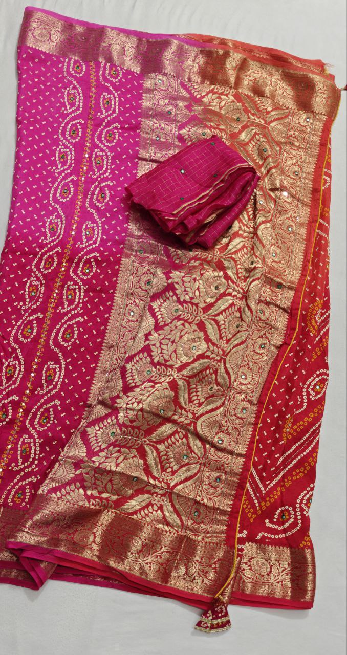 KSDS multicolour Bandhani saree featuring kardhana and tikki handwork