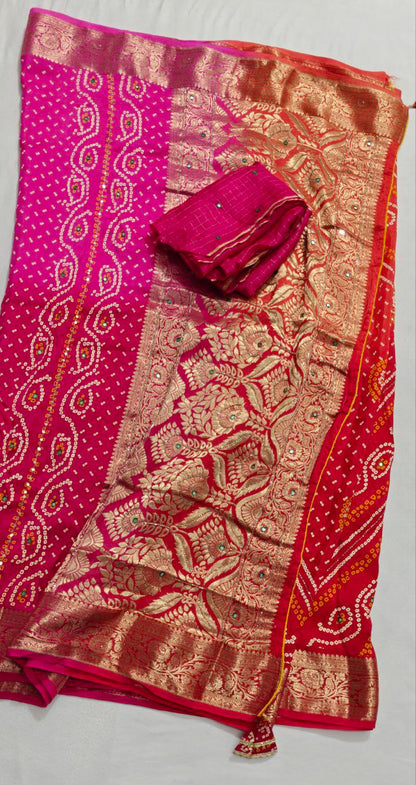KSDS multicolour Bandhani saree featuring kardhana and tikki handwork
