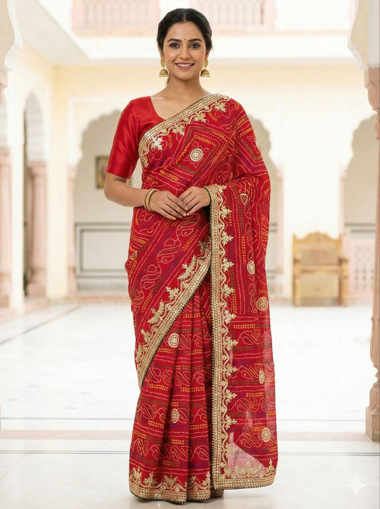 KSDS Georgette Bandhani Gotapatti Saree with Red Running Blouse