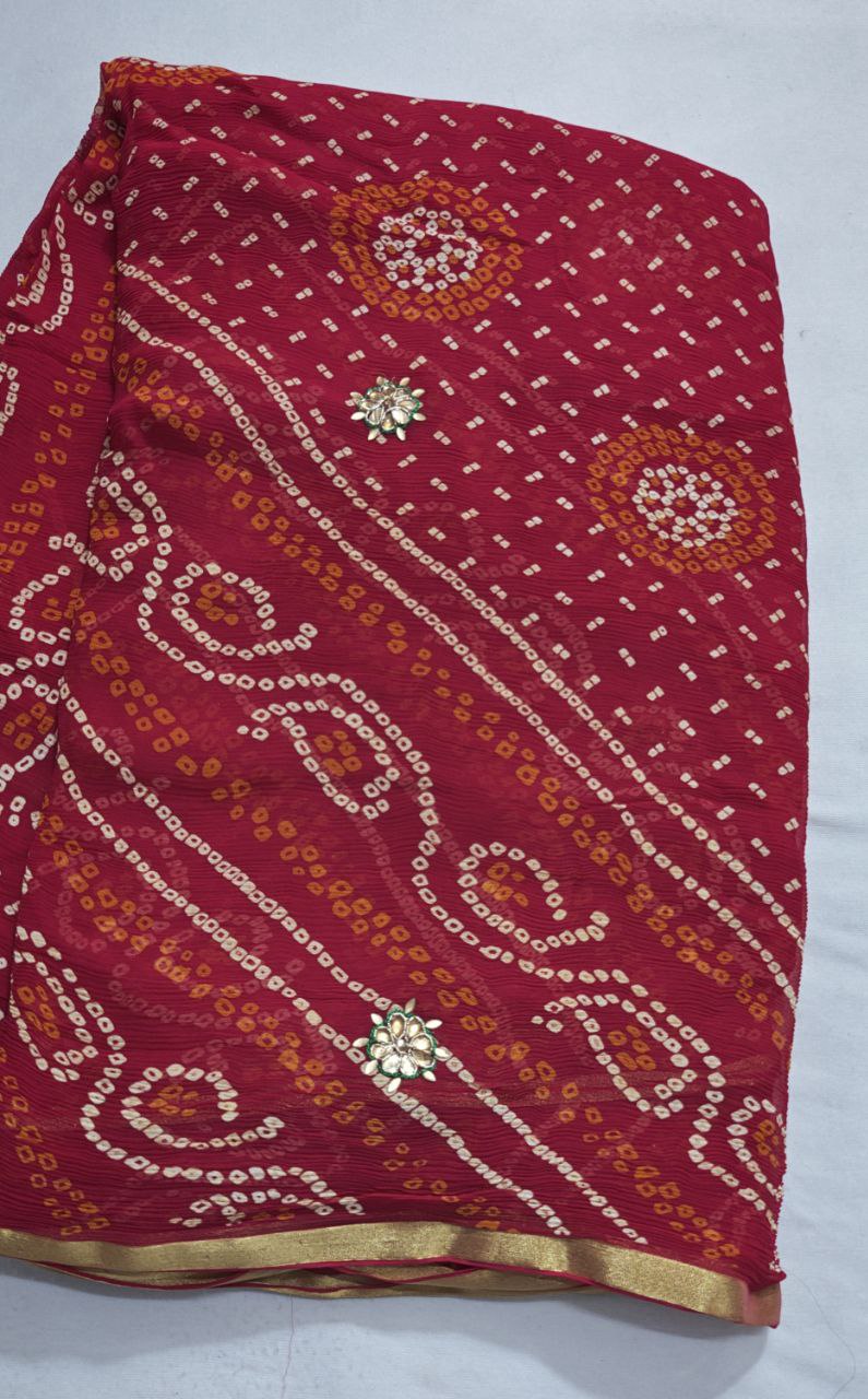 Pure chiffon Bandhani saree with kundan work
