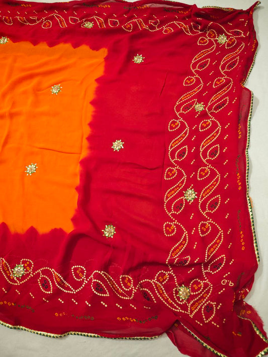Kanha Sarees Pure Georgette Piliya Bandhani Kundan Saree