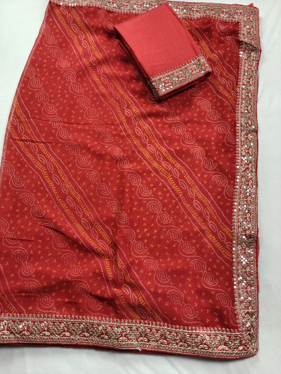 KSDS Red Bandhej Saree with Sequin Border | Banglori Silk Blouse
