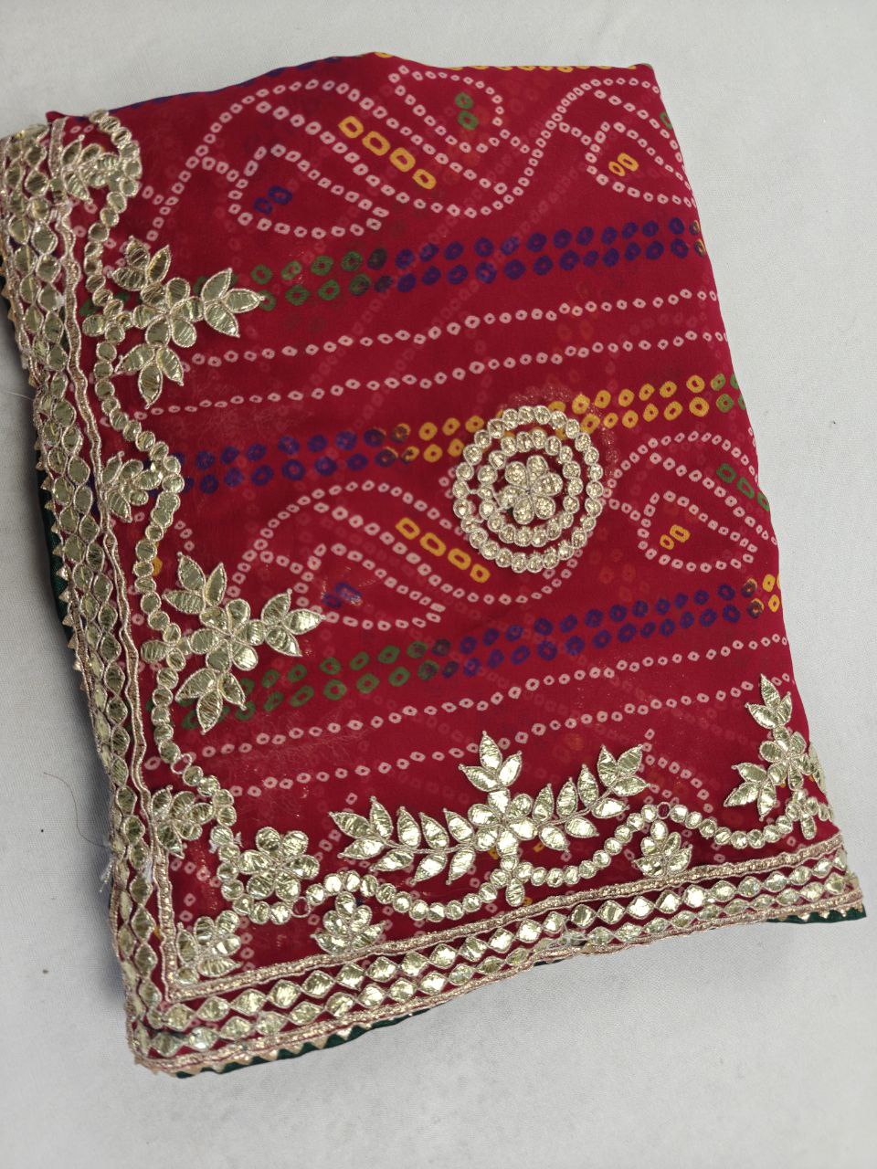 KSDS Georgette Bandhani Gotapatti Saree with Red Running Blouse