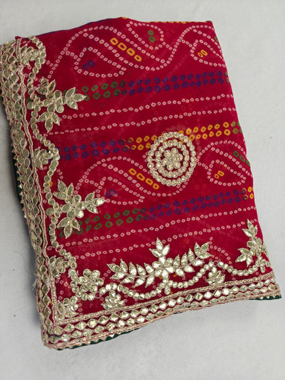 KSDS Georgette Bandhani Gotapatti Saree with Red Running Blouse
