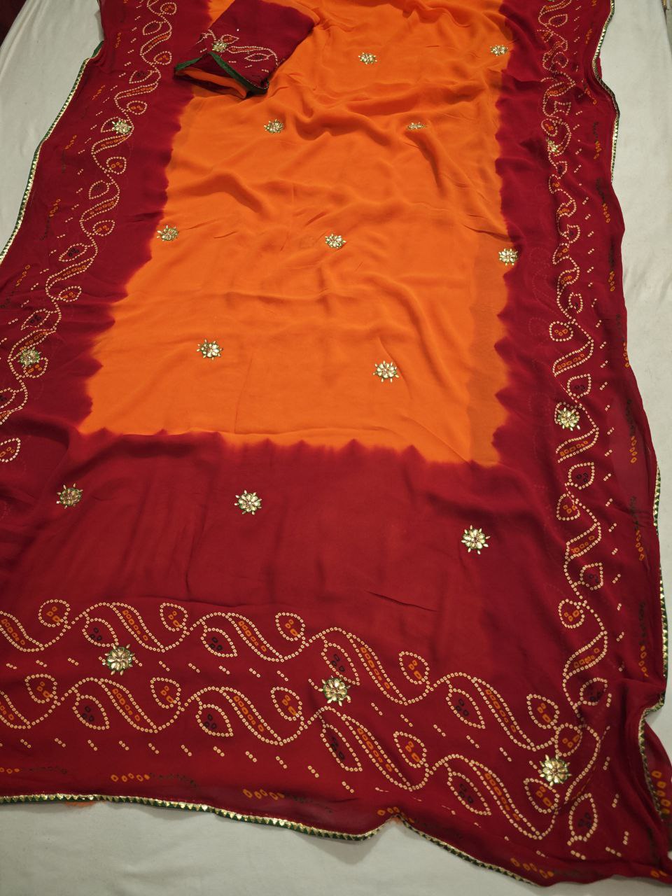 Kanha Sarees Pure Georgette Piliya Bandhani Kundan Saree