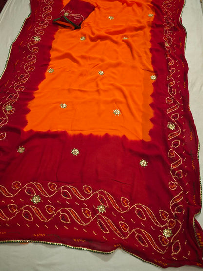 Kanha Sarees Pure Georgette Piliya Bandhani Kundan Saree