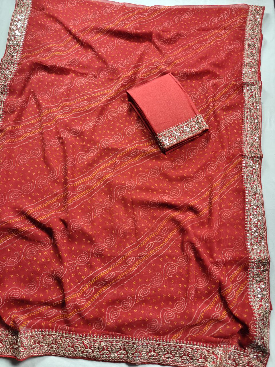 KSDS Red Bandhej Saree with Sequin Border | Banglori Silk Blouse
