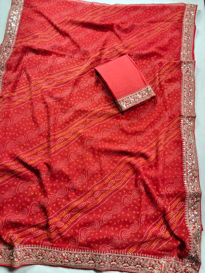 KSDS Red Bandhej Saree with Sequin Border | Banglori Silk Blouse