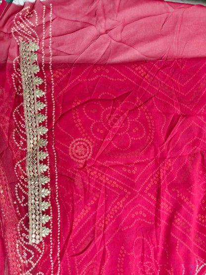 KSDS Georgette Bandhani Gotapatti Saree with Red Running Blouse