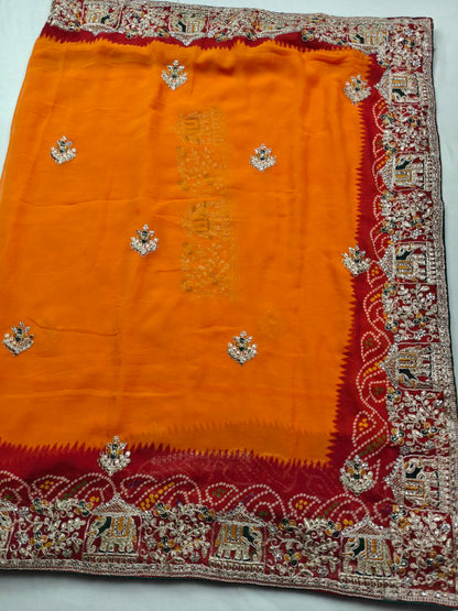 KSDS Jaipuri Pila Bandhani  Yellow Bandhani Saree